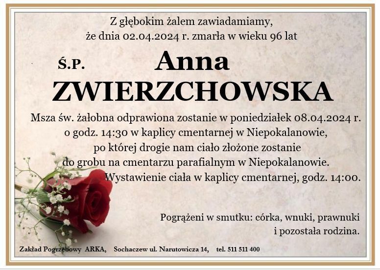 Nekrolog - Anna Zwierzchowska
