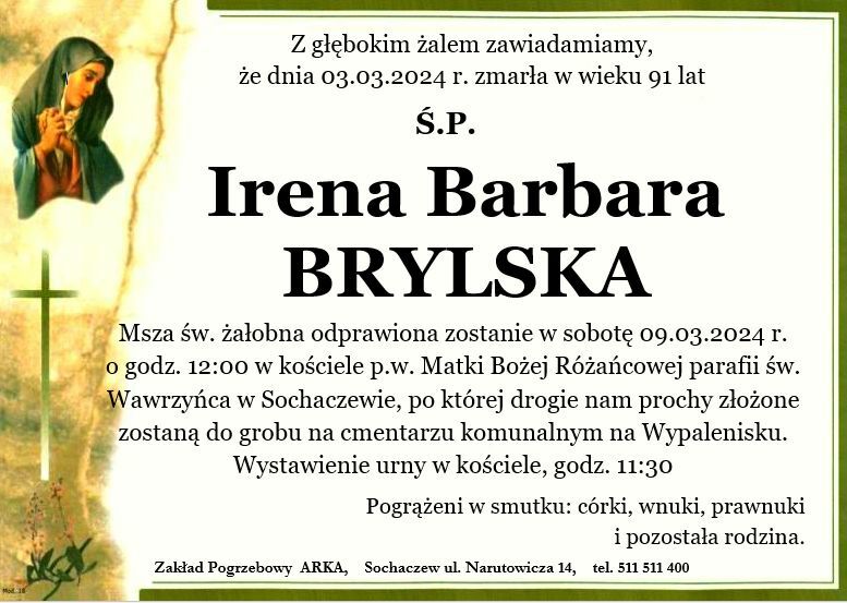Nekrolog - Irena Barbara Brylska